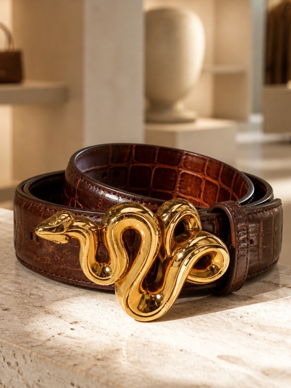 Barry Kieselstein-cord Genuine alligator belt with snake gold plated Buckle